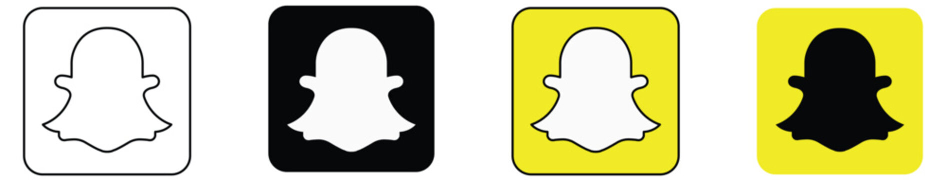 Set of Snapchat logo or app icon in black stroke only yellow fill with ghost icon famous snaps sharing 