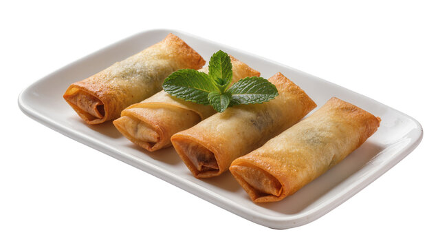 Golden crispy spring rolls with fresh mint leaves, isolated on transparent background