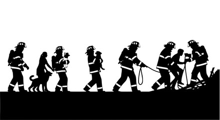 Obraz premium Firefighter Rescue Scene Vector – Saving People and Pets Silhouettes