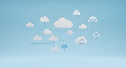 Fototapeta premium Abstract network of interconnected digital clouds against a soft blue background