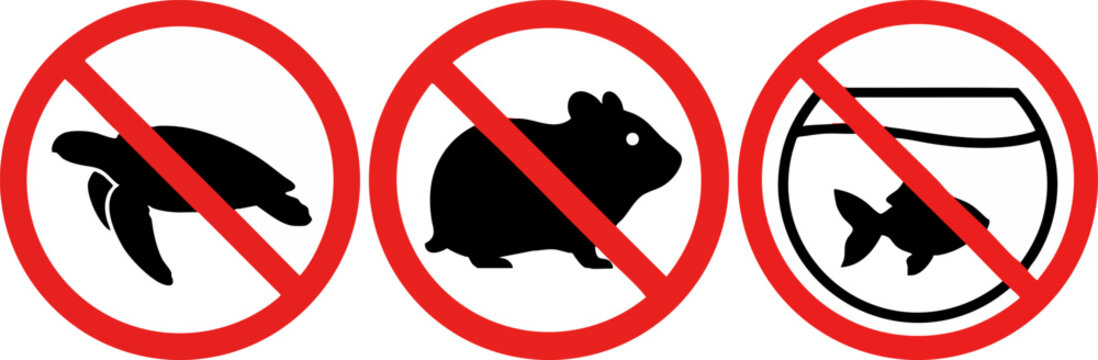 No pets allowed icons set featuring turtle hamster and fish