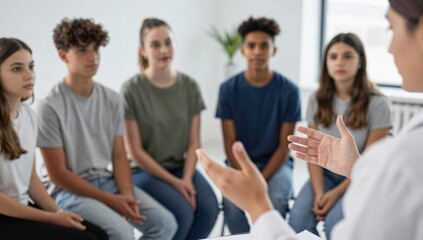 Fototapeta premium Teenagers listen to a healthcare provider during a group therapy session indoors