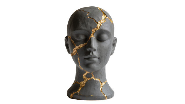 Dark gray cracked mannequin head with gold kintsugi repair, isolated on transparent background