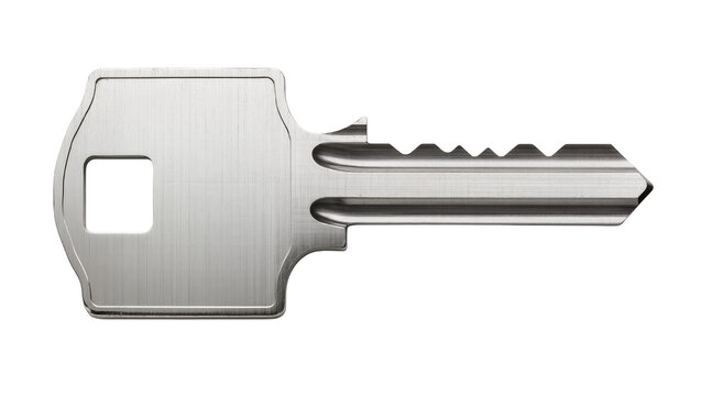 Brushed metal security key with square hole, isolated on transparent background