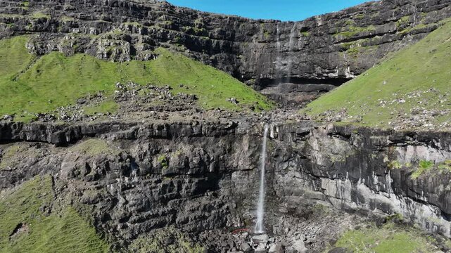 Drone shot of Foss&aacute; Waterfall, the highest waterfall on Faroe Islands