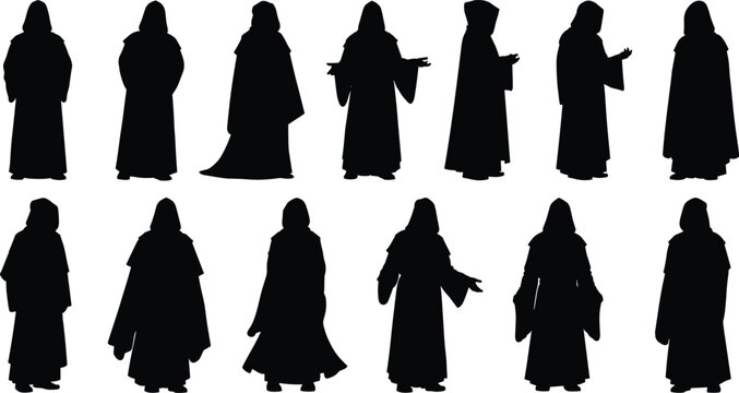 Black silhouette vector illustrations of mysterious hooded figures in long robes showing varied poses for fantasy, horror, or character design