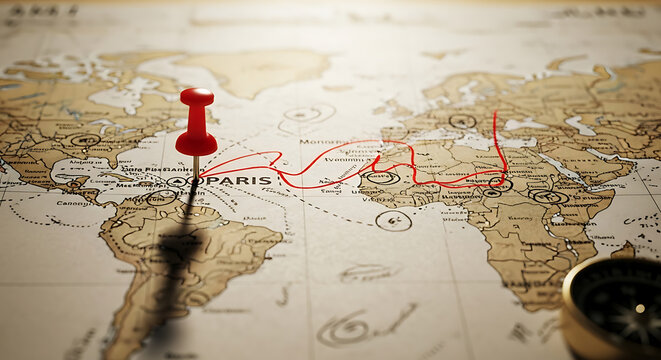 World map with a red pin marking paris travel routes on transparent background