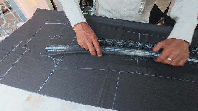 Tailor drawing pattern with chalk and ruler on black fabric Indian workshop 4k video footage.