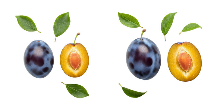 a best set of the fresh Plums, half and whole purple fruits with fresh green leaves in white background PNG photo .