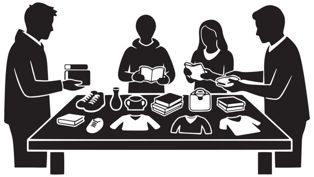 Community Group Sorting Reusable Goods Around Table Icon &mdash; Minimal Black-and-White Solid Silhouette, Flat Vector, Isolated On White