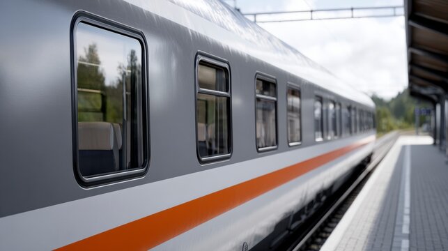 Modern passenger train waiting at platform under cloudy sky on sunny day