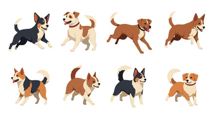 Fototapeta premium Collection set flat style vector illustration of cute dogs in various poses, playful puppy characters, pet animals isolated, friendly domestic canine design