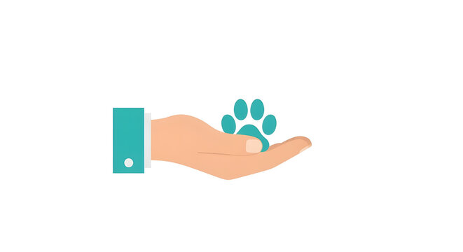 Pet care and animal welfare concept, human hand holding a teal paw print, symbolizing animal protection and adoption, veterinary services, and pet health support isolated PNG with Transparent