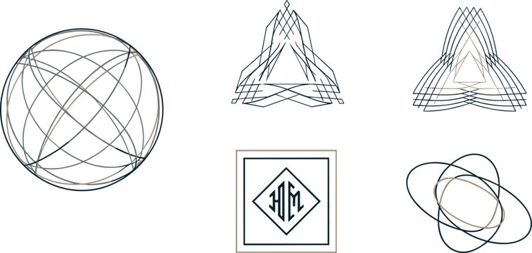 Abstract geometric logo set with line art shapes circular patterns and modern minimal symbols for creative branding identity vector illustration collection