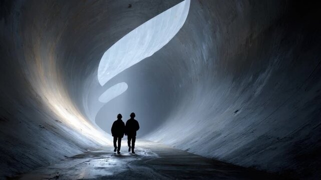 Journey into the Ice Cave: Two figures venture into the heart of a mesmerizing ice cave, where the play of light and shadow unveils nature's artistic prowess.