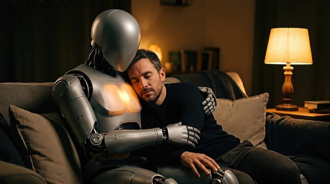 Man resting and leaning on a matte grey humanoid robot in a cozy living room. Artificial intelligence companion providing emotional support