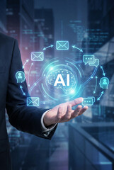 Obraz premium Businessman holding artificial intelligence hologram representing automated communication and digital business solutions.