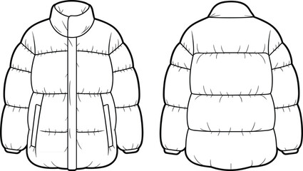 Front and back view of a puffer jacket fashion illustration on white background Keywords: puffer jacket, down jacket, winter coat © MdMominur