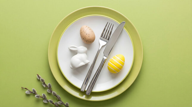 Easter table setting with plates bunny and eggs on green background for spring holiday banner