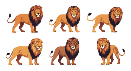 Collection set flat style vector illustration of lions in various poses, wild animals isolated, king of jungle concept, strong feline characters design © Amie