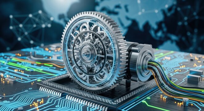 A metallic gear and motor on a circuit board with a world map in the background.