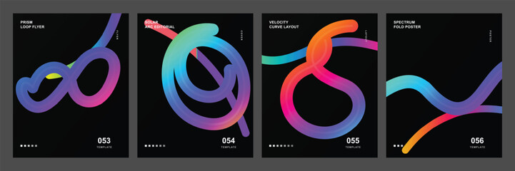 Fototapeta premium Set of 4 abstract neon gradient ribbon posters on black background, futuristic glowing infinity, spiral, loop and wave designs, modern minimal cover template collection