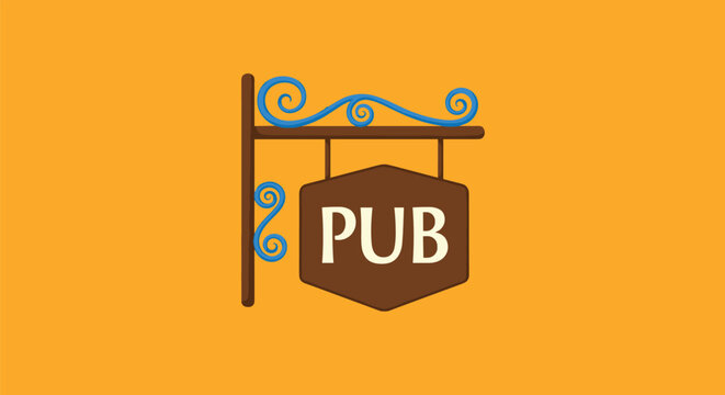 Traditional wooden hanging pub sign with blue decorative metal scrolls on a bright yellow background, perfect for bar or tavern branding.