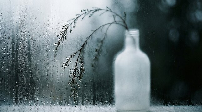 젖은 불투명 유리에 밀착된 가느다란 줄기와 화이트 앰플의 몽환적인 실루엣