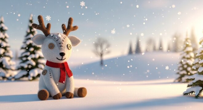A cute reindeer sitting in a snowy landscape with a red scarf.