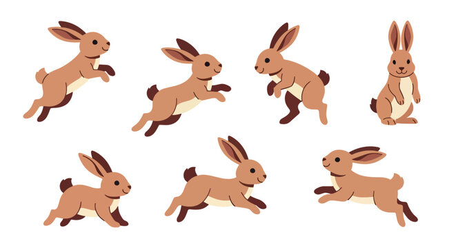 Collection set flat style vector illustration of rabbits in different poses, cute bunny characters, domestic and wild animals isolated, adorable design bundle