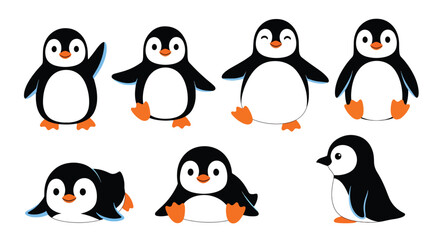 Collection set flat style vector illustration of penguins in different poses, arctic animals isolated, cute bird characters, winter wildlife design © Amie