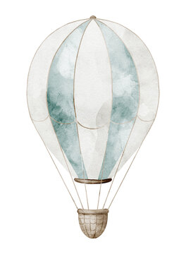 Hot Air Balloon watercolor illustration in soft pastel blue tones with vintage style. Hand painted aerostat isolated on background for baby shower greeting cards, childish posters and nursery design.