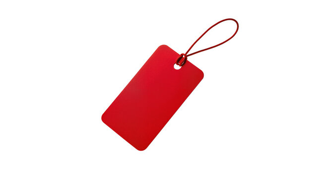 Blank red rectangular tag with red string loop, isolated on transparent background