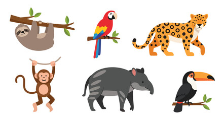 Obraz premium Collection set flat style vector illustration of jungle animals including sloth, parrot, monkey, leopard and toucan, tropical wildlife characters isolated