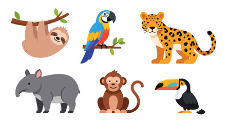 Obraz premium Collection set flat style vector illustration of jungle animals including sloth, parrot, monkey, leopard and toucan, tropical wildlife characters isolated