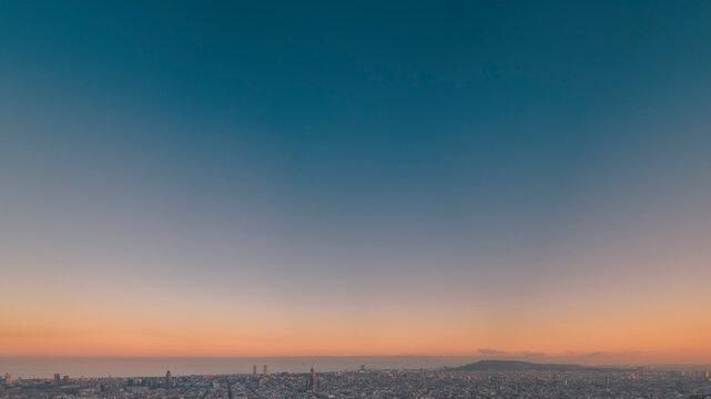 Barcelona Panorama at Dusk with Blue Hour Sky and City Lights, Bunkers del Carmel Viewpoint