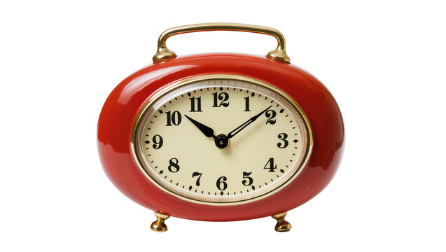 Red oval alarm clock with golden handle and feet, isolated on transparent background