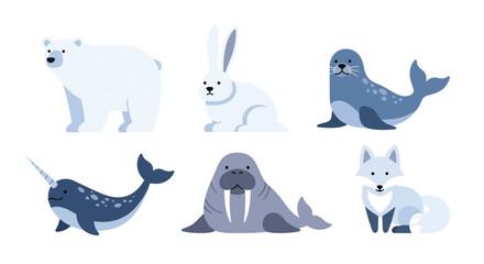 Collection set flat style vector illustration of arctic animals including seal, walrus, narwhal, polar bear and fox, cold wildlife characters isolated © Amie