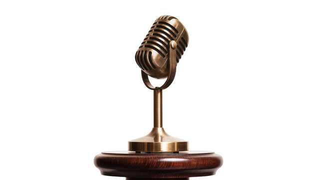 Vintage brass microphone on wooden base, isolated on transparent background