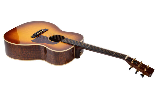 Acoustic guitar with sunburst finish and dark wood body, isolated on transparent background