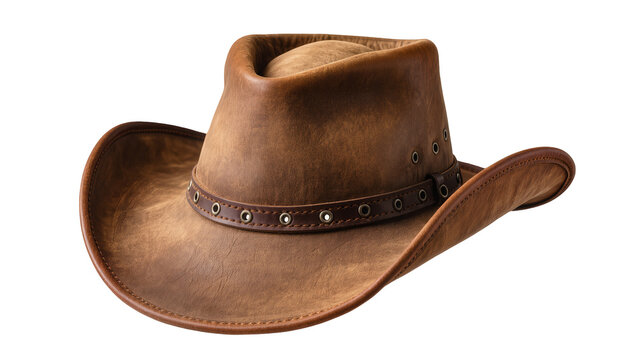 Brown distressed leather cowboy hat with studded band, isolated on transparent background