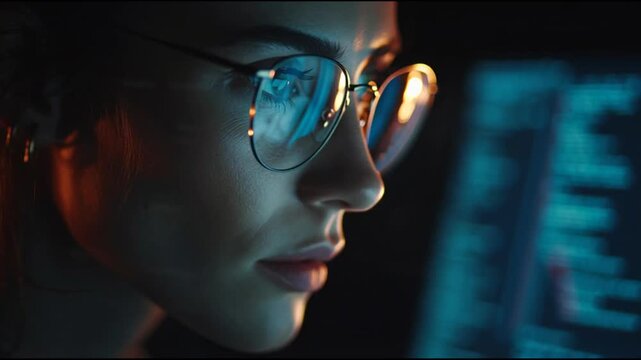 Close-up profile of a focused young woman wearing glasses, with reflections of computer code on the lenses, working late in a dimly lit environment, highlighting technology and deep concentration