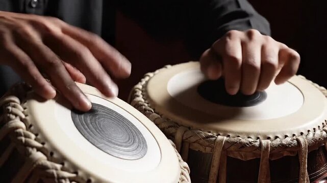 Hands playing traditional percussion instrument in soft lighting  
