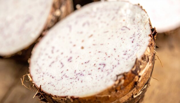 Macro cross-section of fresh taro corm with white and lavender flesh on wooden surface