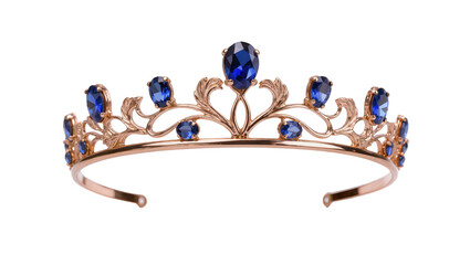 Rose gold tiara with blue oval gemstones, isolated on transparent background © Emilija