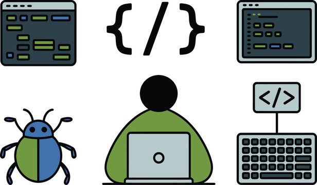 Set of software development featuring a programmer with a laptop, code editor windows, a blue bug, a keyboard with a code tag, and a central curly bracket slash symbol on white background