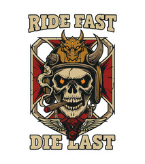 Obraz premium Graphic illustration of a skull wearing a motorcycle helmet and dragon ornament with a cigar and engine graphic beneath symbolizing freedom and the biker lifestyle vintage retro t shirt design