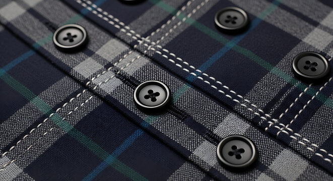 Close up of a navy and grey plaid shirt with buttons on transparent background