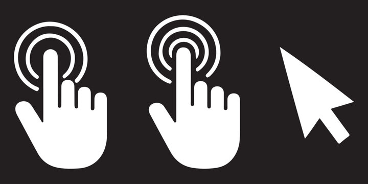 Set of computer mouse cursor icons featuring pointer, clicking action, and selection states. Hand cursor click icon set pointer sign and symbol . Computer mouse clicking finger icons. vector elements.