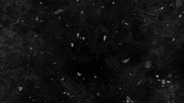 4K Cinematic dark grunge texture overlay featuring scattered white dust particles, crisp debris, and subtle smudges on a black background for VFX compositing.